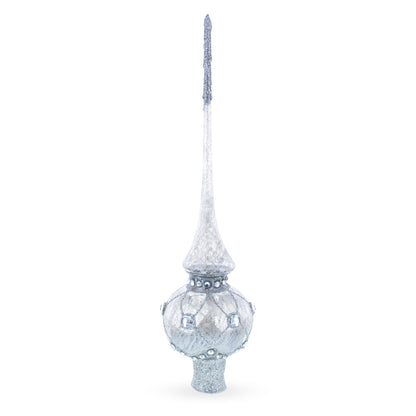 Dimensional White Jewels on Speckled Silver Glass Christmas Tree Topper 11 Inches