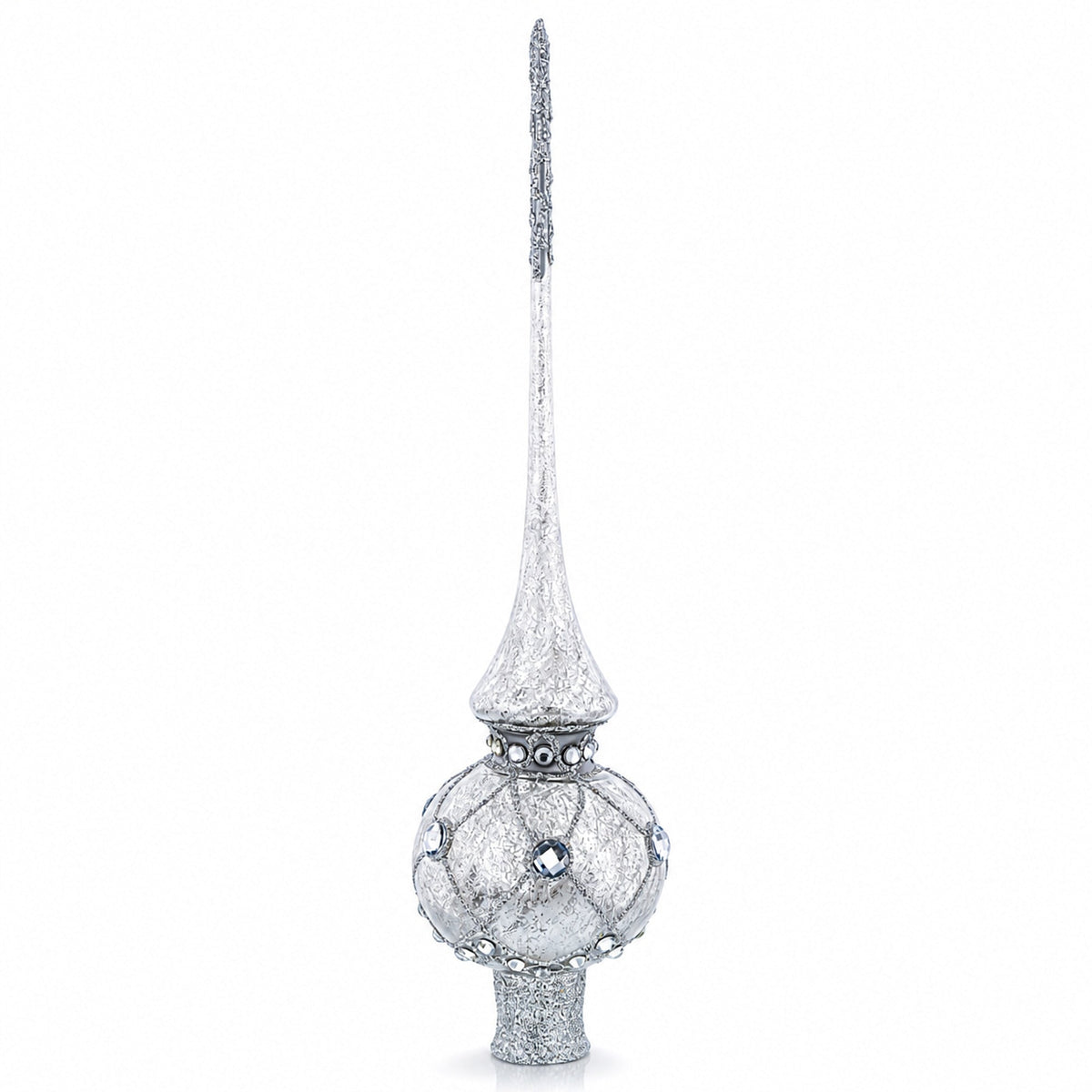 Dimensional White Jewels on Speckled Silver Glass Christmas Tree Topper 11 Inches