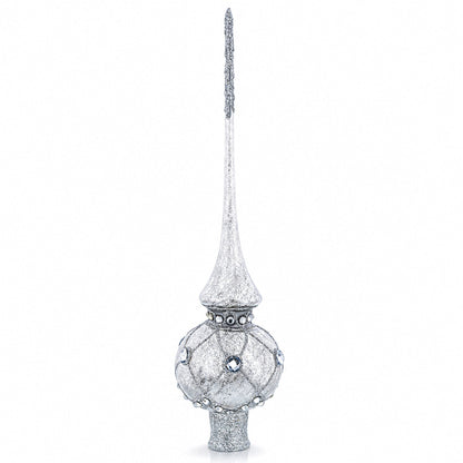 Dimensional White Jewels on Speckled Silver Glass Christmas Tree Topper 11 Inches