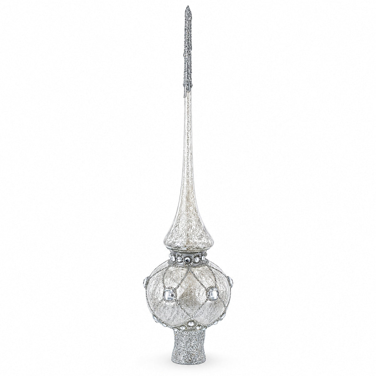 Dimensional White Jewels on Speckled Silver Glass Christmas Tree Topper 11 Inches