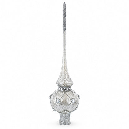 Dimensional White Jewels on Speckled Silver Glass Christmas Tree Topper 11 Inches
