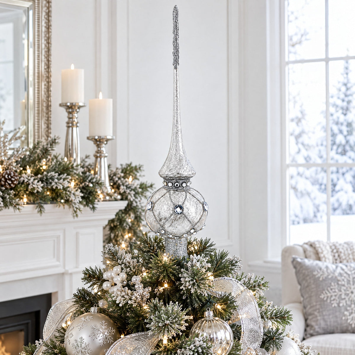 Dimensional White Jewels on Speckled Silver Glass Christmas Tree Topper 11 Inches