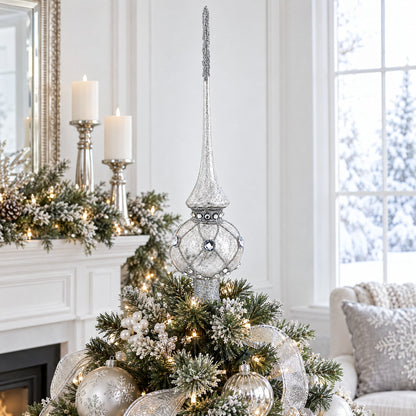 Dimensional White Jewels on Speckled Silver Glass Christmas Tree Topper 11 Inches