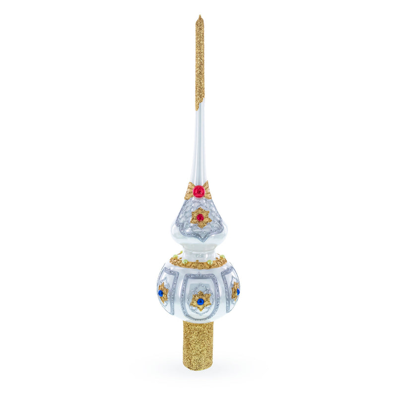 Dimensional Blue and Red Jewels on Silver Glass Christmas Tree Topper 11 Inches