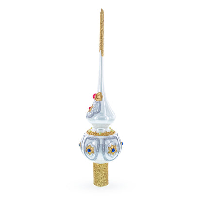 Dimensional Blue and Red Jewels on Silver Glass Christmas Tree Topper 11 Inches