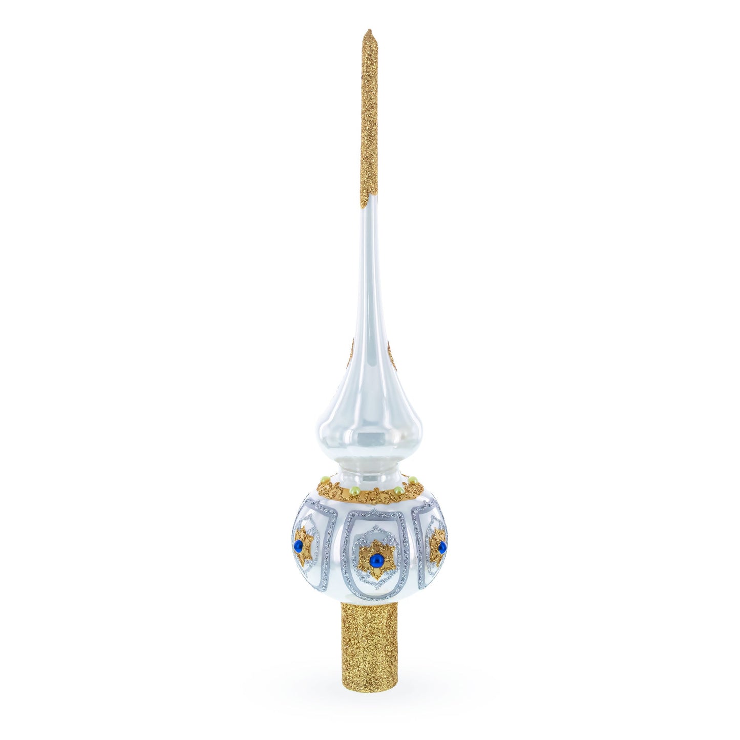 Dimensional Blue and Red Jewels on Silver Glass Christmas Tree Topper 11 Inches