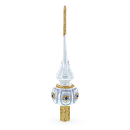 Dimensional Blue and Red Jewels on Silver Glass Christmas Tree Topper 11 Inches