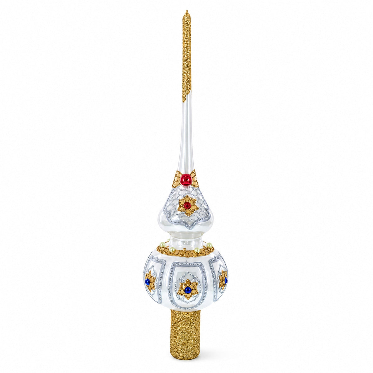 Dimensional Blue and Red Jewels on Silver Glass Christmas Tree Topper 11 Inches