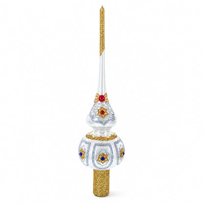 Dimensional Blue and Red Jewels on Silver Glass Christmas Tree Topper 11 Inches
