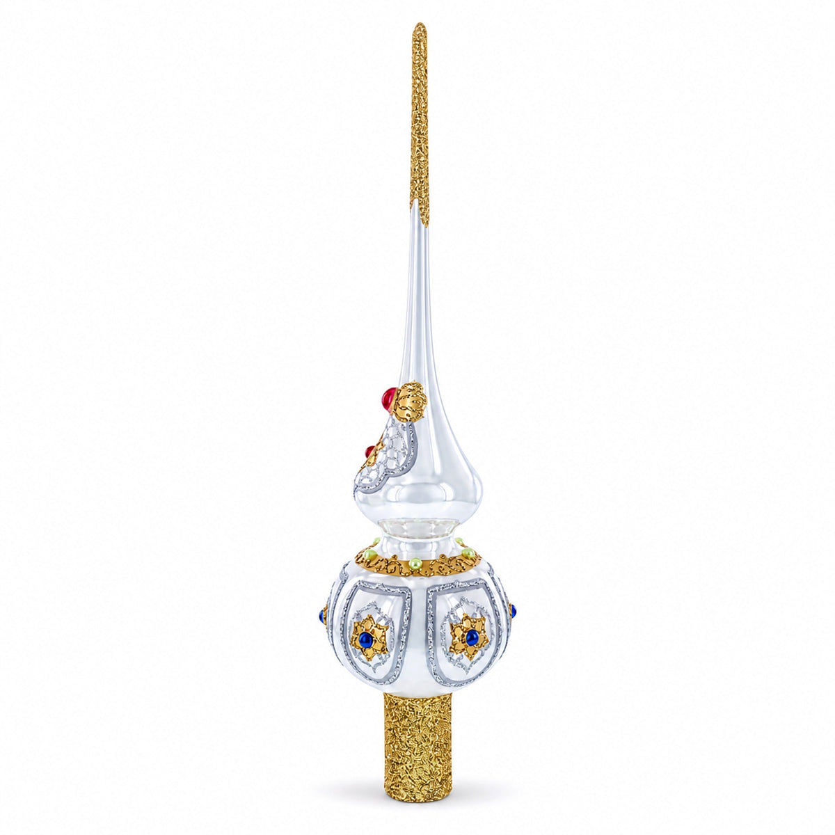 Dimensional Blue and Red Jewels on Silver Glass Christmas Tree Topper 11 Inches