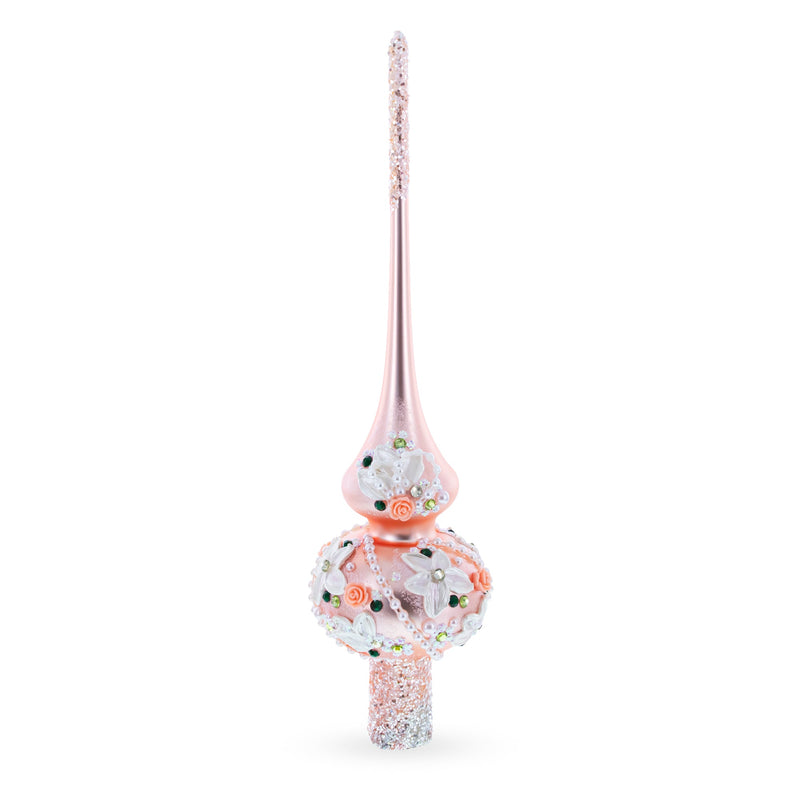 Pink Flowers on Metallic Rose Pink Glass Christmas Tree Topper 11 Inches