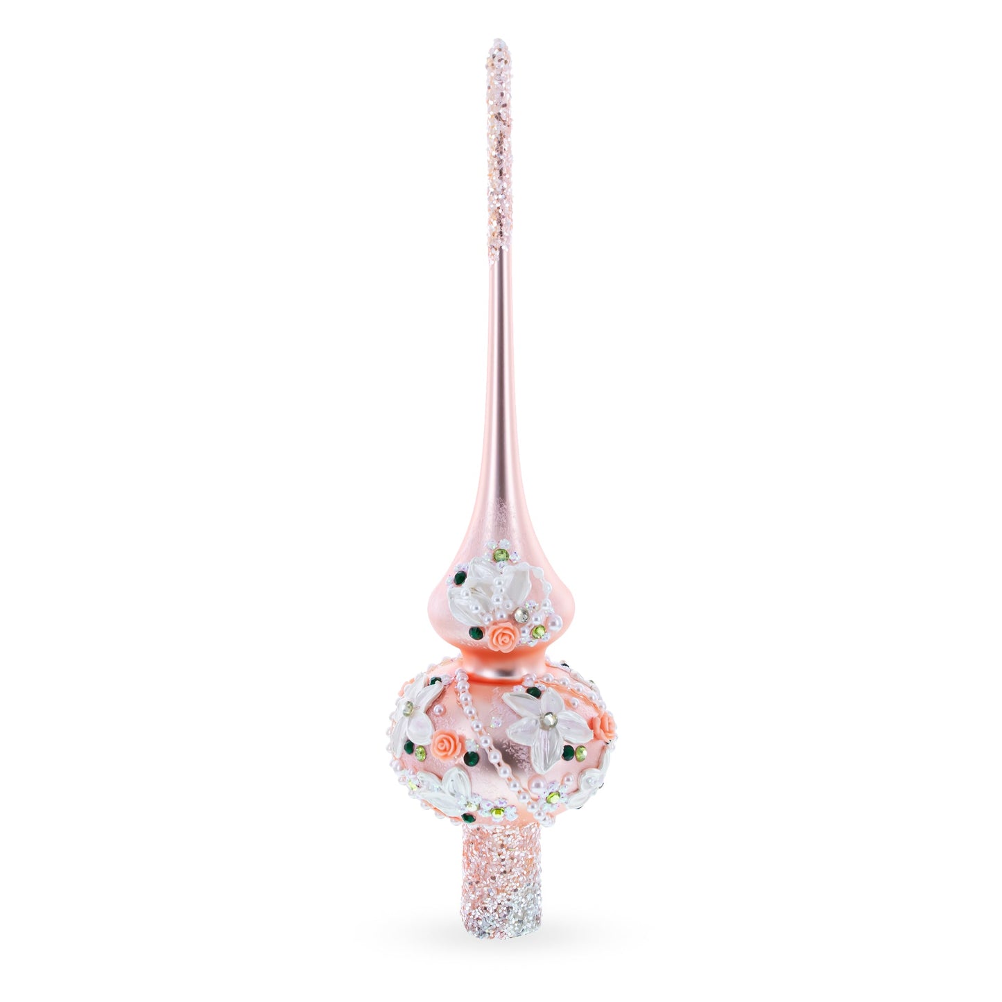 Pink Flowers on Metallic Rose Pink Glass Christmas Tree Topper 11 Inches