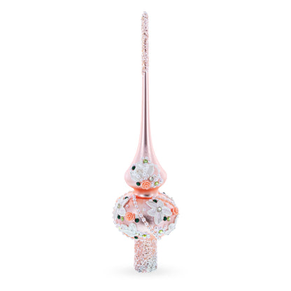 Pink Flowers on Metallic Rose Pink Glass Christmas Tree Topper 11 Inches