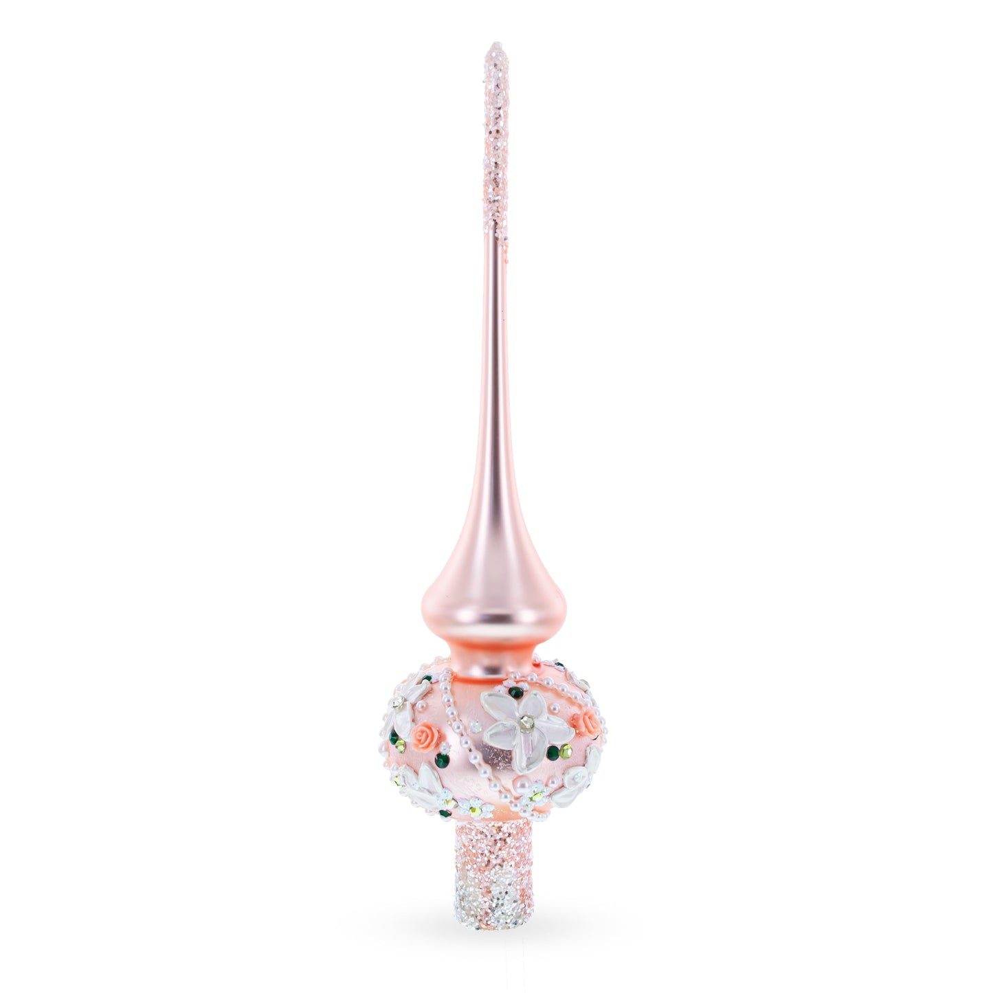 Pink Flowers on Metallic Rose Pink Glass Christmas Tree Topper 11 Inches