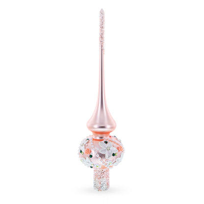 Pink Flowers on Metallic Rose Pink Glass Christmas Tree Topper 11 Inches
