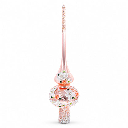 Pink Flowers on Metallic Rose Pink Glass Christmas Tree Topper 11 Inches
