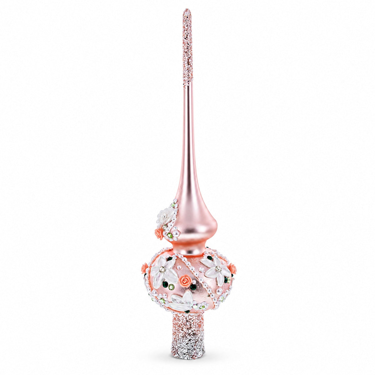 Pink Flowers on Metallic Rose Pink Glass Christmas Tree Topper 11 Inches
