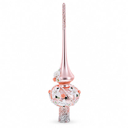 Pink Flowers on Metallic Rose Pink Glass Christmas Tree Topper 11 Inches