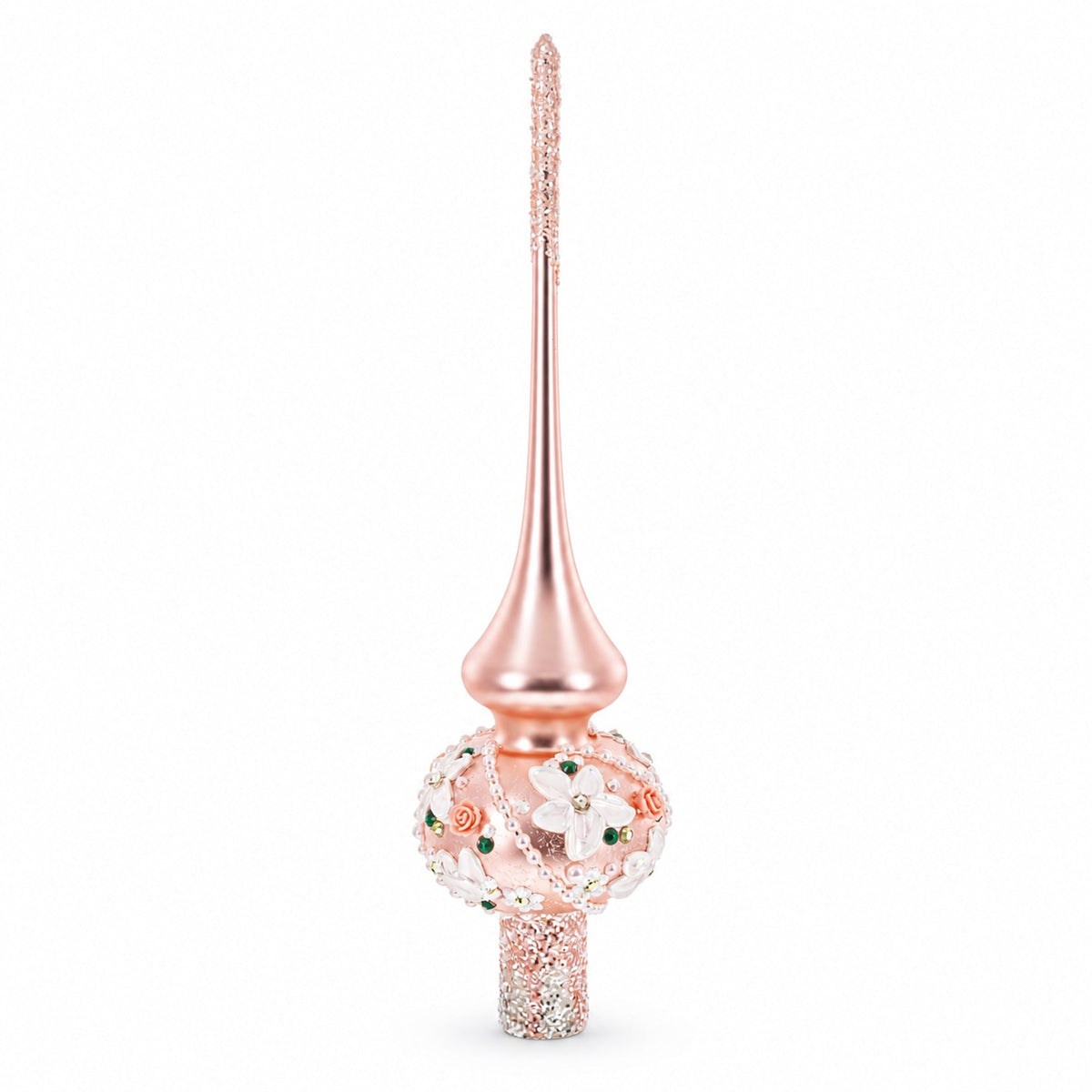Pink Flowers on Metallic Rose Pink Glass Christmas Tree Topper 11 Inches