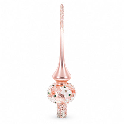 Pink Flowers on Metallic Rose Pink Glass Christmas Tree Topper 11 Inches