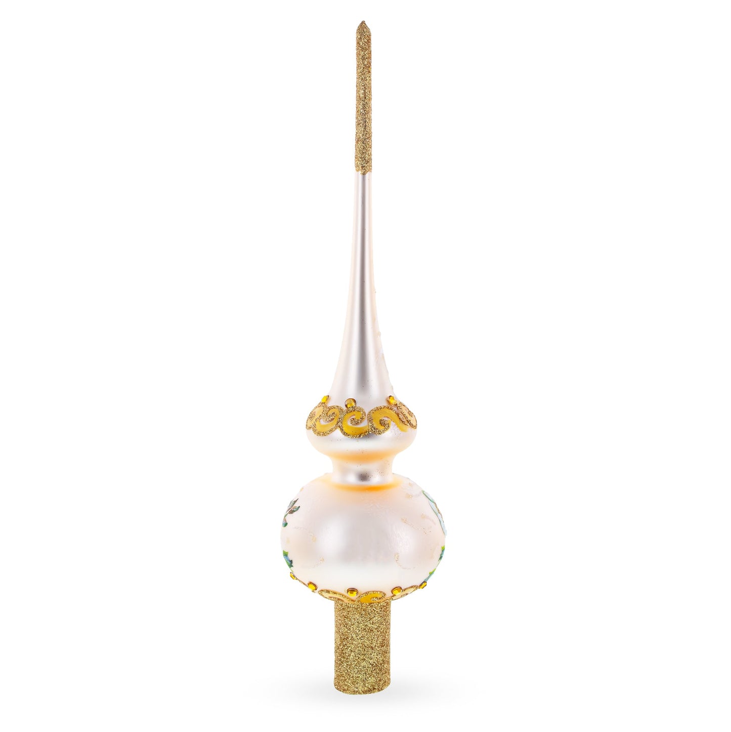 White Flowers Bouquet on Beige Glass Christmas Tree Topper 11 Inches