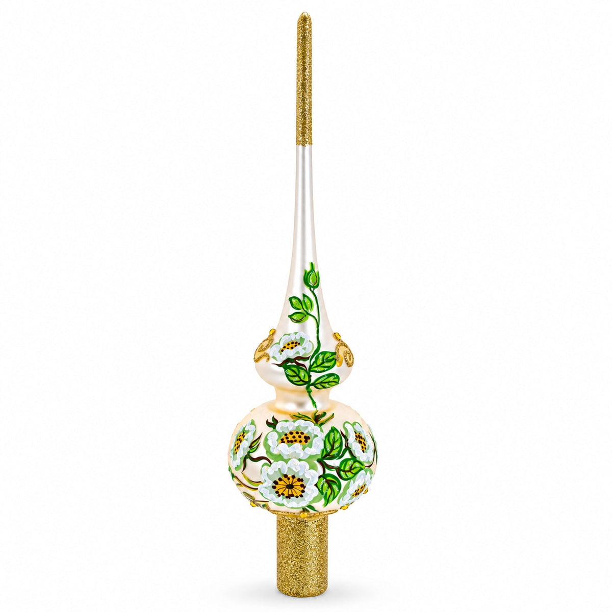 White Flowers Bouquet on Beige Glass Christmas Tree Topper 11 Inches
