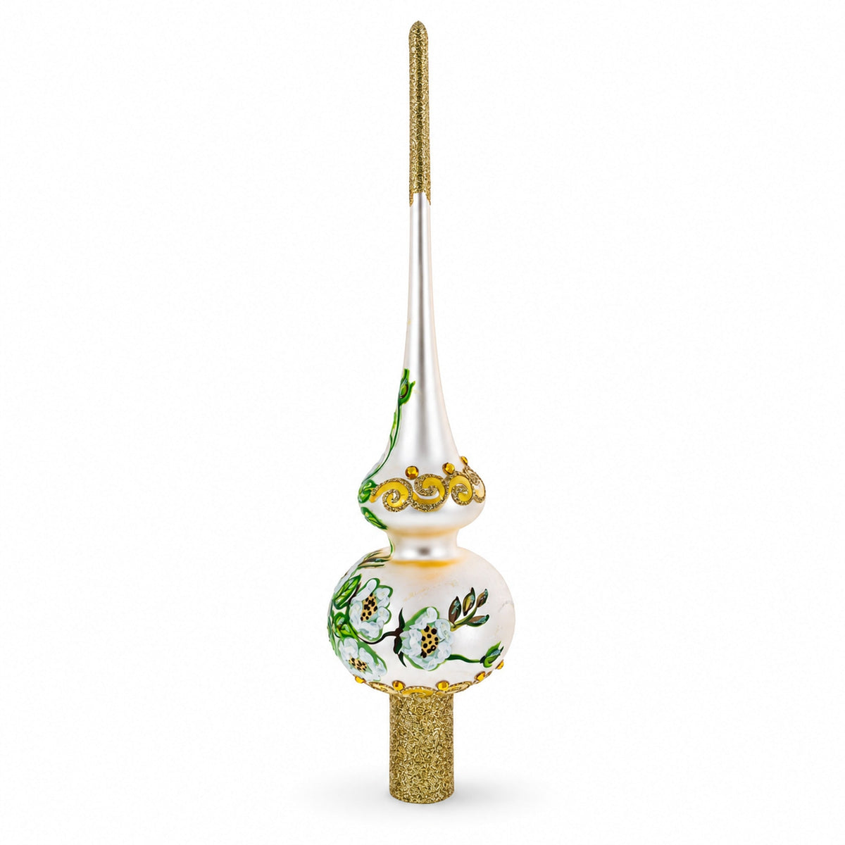 White Flowers Bouquet on Beige Glass Christmas Tree Topper 11 Inches