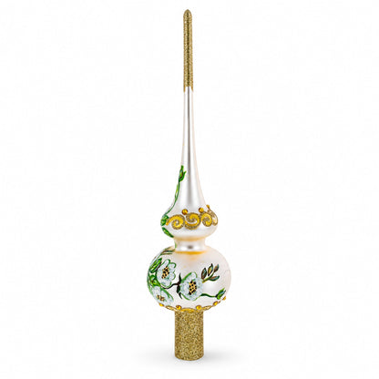 White Flowers Bouquet on Beige Glass Christmas Tree Topper 11 Inches