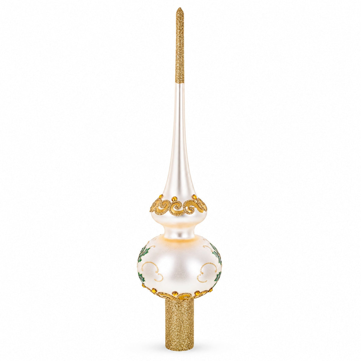 White Flowers Bouquet on Beige Glass Christmas Tree Topper 11 Inches