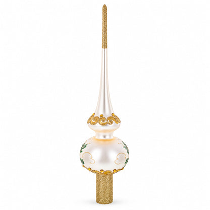 White Flowers Bouquet on Beige Glass Christmas Tree Topper 11 Inches