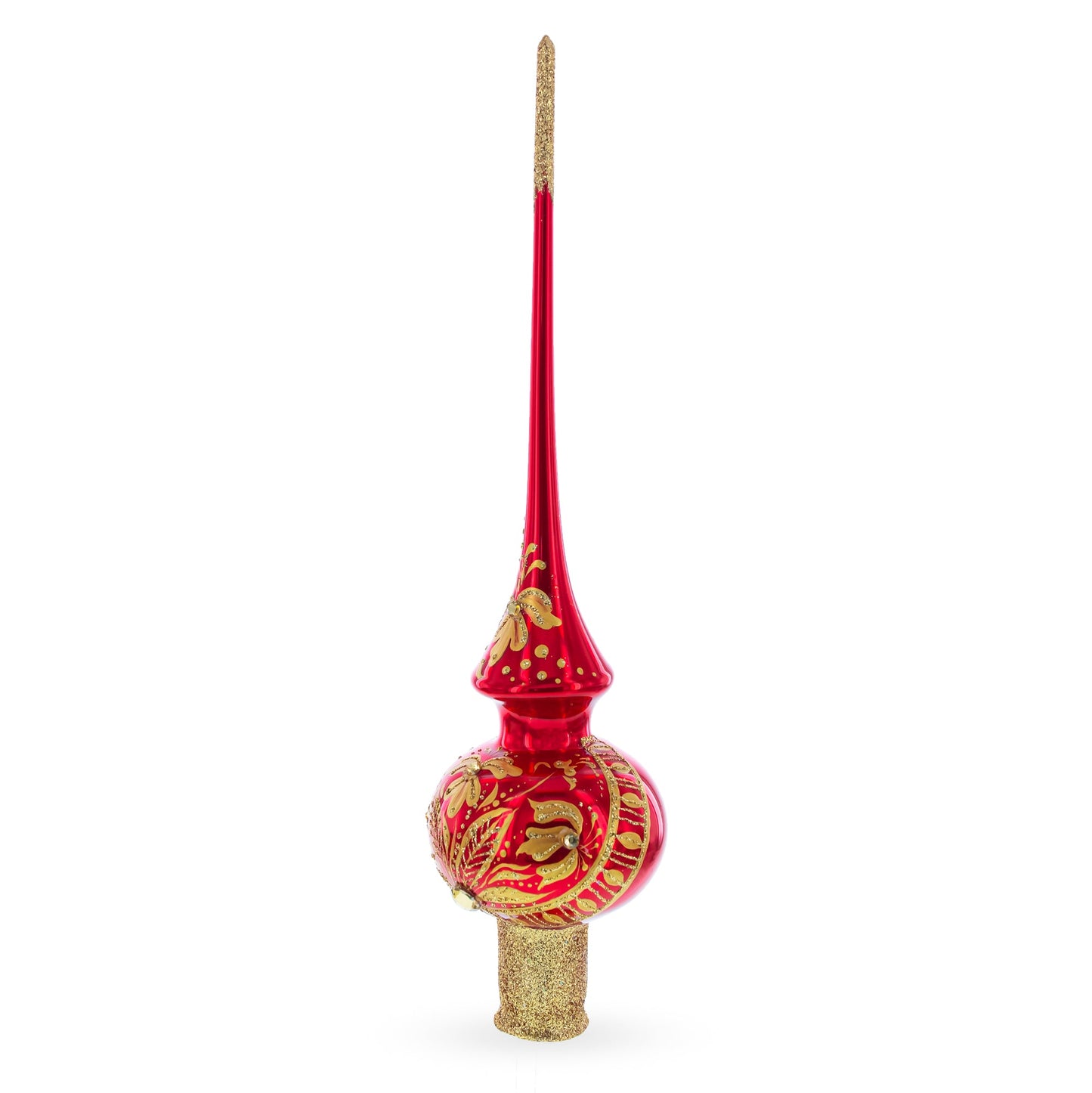 Golden Flowers Bouquet on Glossy Red Glass Christmas Tree Topper 11 Inches