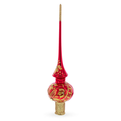 Golden Flowers Bouquet on Glossy Red Glass Christmas Tree Topper 11 Inches
