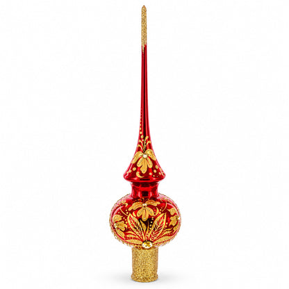 Golden Flowers Bouquet on Glossy Red Glass Christmas Tree Topper 11 Inches
