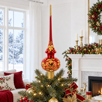 Golden Flowers Bouquet on Glossy Red Glass Christmas Tree Topper 11 Inches