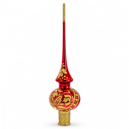 Golden Flowers Bouquet on Glossy Red Glass Christmas Tree Topper 11 Inches