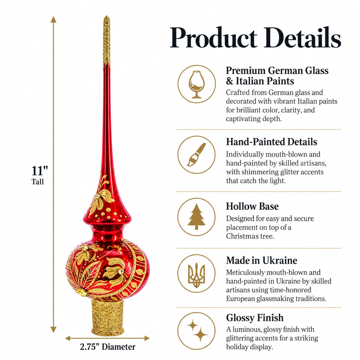 Golden Flowers Bouquet on Glossy Red Glass Christmas Tree Topper 11 Inches