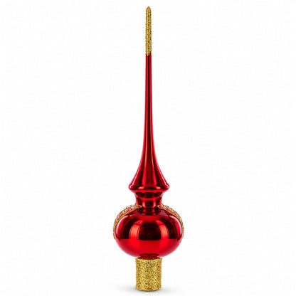Golden Flowers Bouquet on Glossy Red Glass Christmas Tree Topper 11 Inches