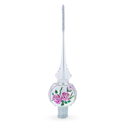 Pink Flowers Bouquet on Silver Glass Christmas Tree Topper 11 Inches
