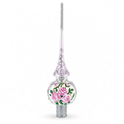 Pink Flowers Bouquet on Silver Glass Christmas Tree Topper 11 Inches