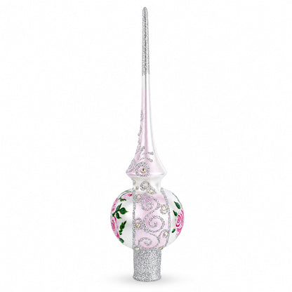 Pink Flowers Bouquet on Silver Glass Christmas Tree Topper 11 Inches