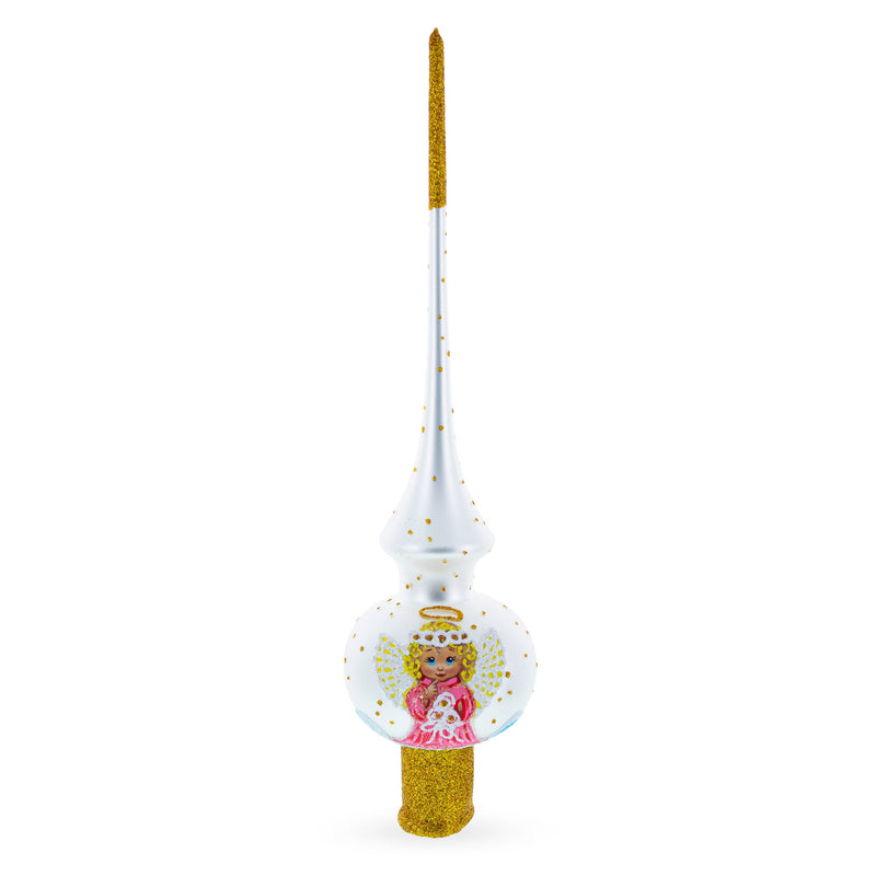 Angel on White Golden Flowers Bouquet Glass Christmas Tree Topper 11 Inches