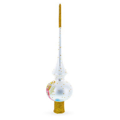 Angel on White Golden Flowers Bouquet Glass Christmas Tree Topper 11 Inches
