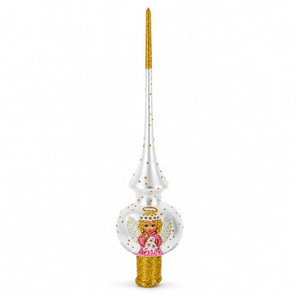 Angel on White Golden Flowers Bouquet Glass Christmas Tree Topper 11 Inches