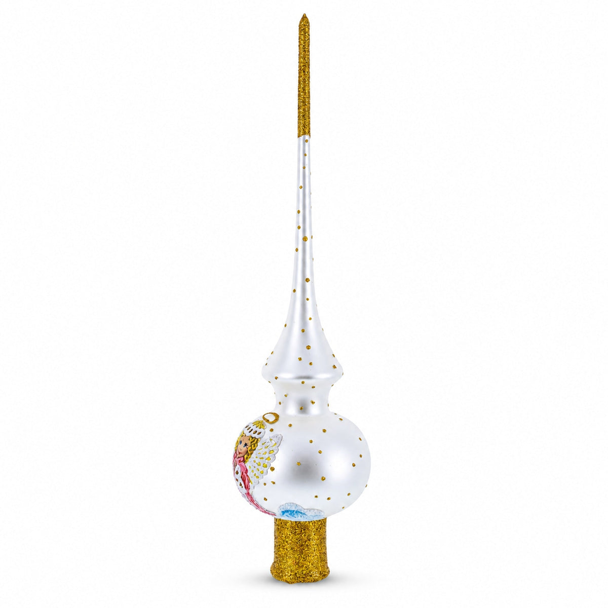 Angel on White Golden Flowers Bouquet Glass Christmas Tree Topper 11 Inches