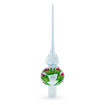 Dimensional Red Berries with Leaves on White Glass Christmas Tree Topper 11 Inches