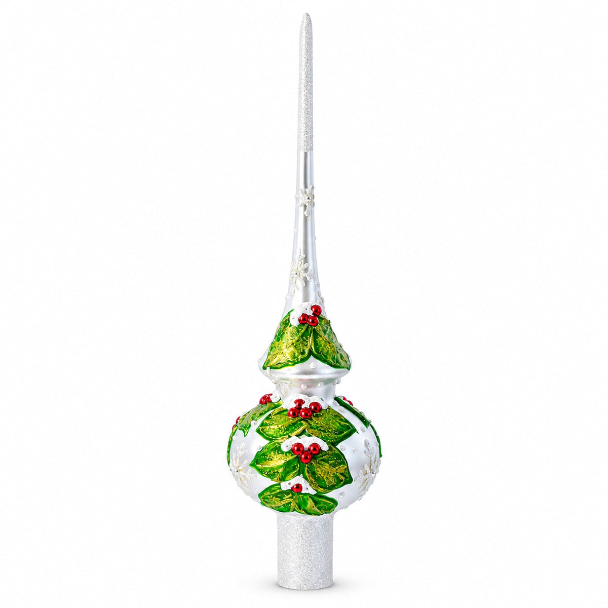 Dimensional Red Berries with Leaves on White Glass Christmas Tree Topper 11 Inches
