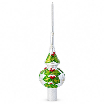Dimensional Red Berries with Leaves on White Glass Christmas Tree Topper 11 Inches