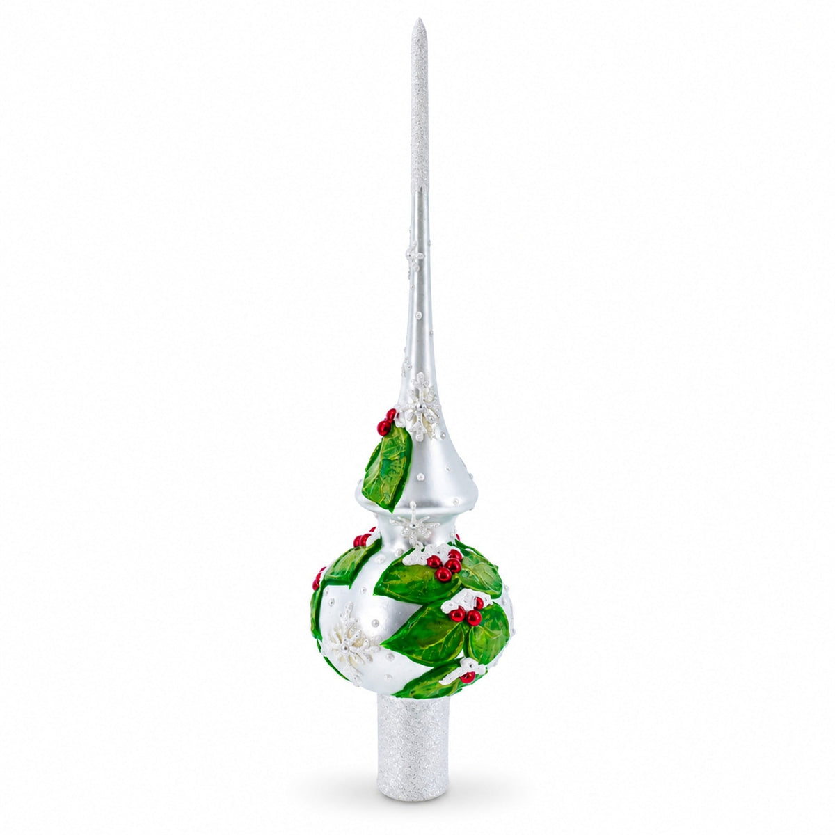 Dimensional Red Berries with Leaves on White Glass Christmas Tree Topper 11 Inches