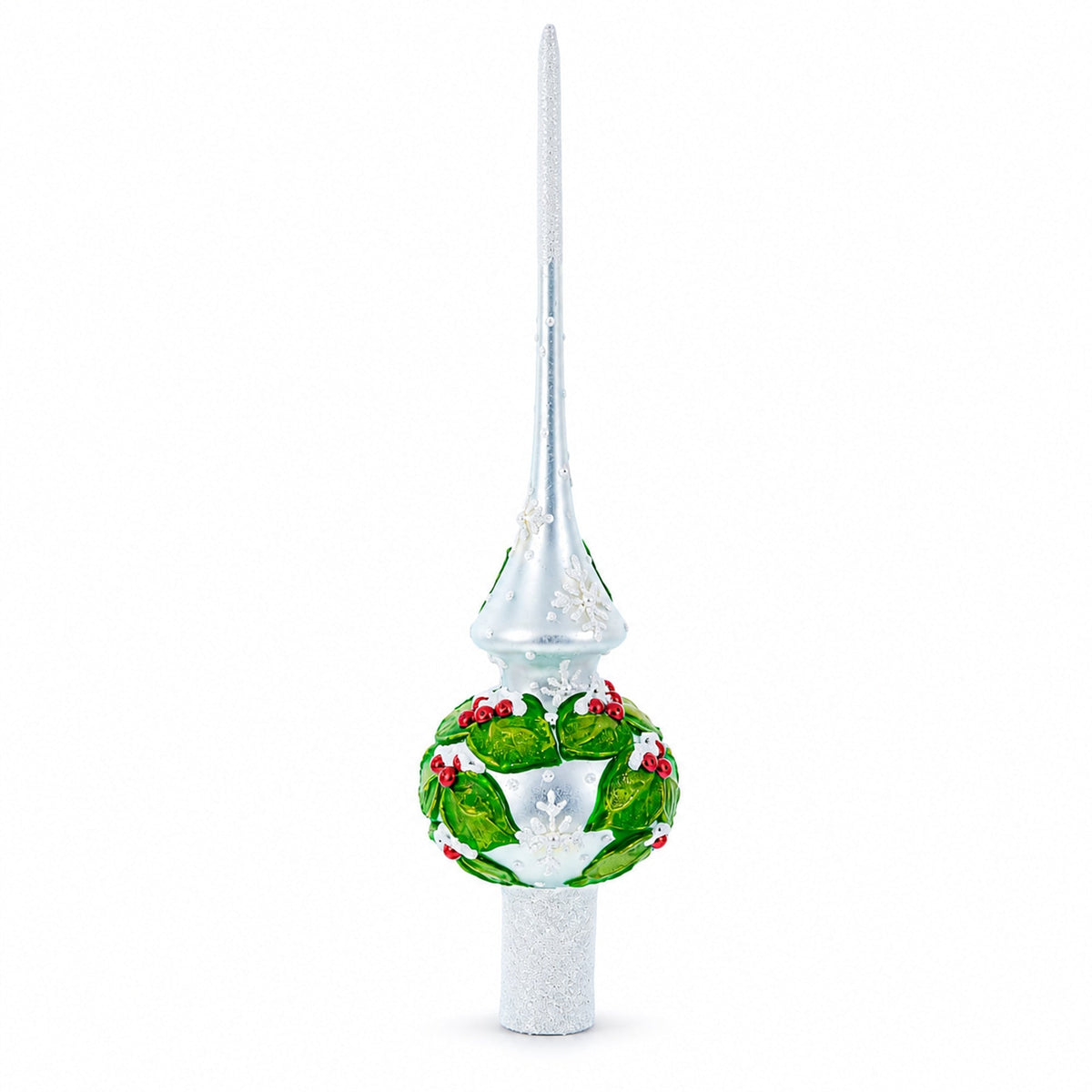 Dimensional Red Berries with Leaves on White Glass Christmas Tree Topper 11 Inches