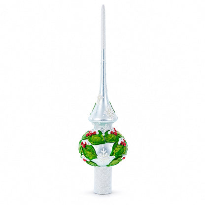 Dimensional Red Berries with Leaves on White Glass Christmas Tree Topper 11 Inches